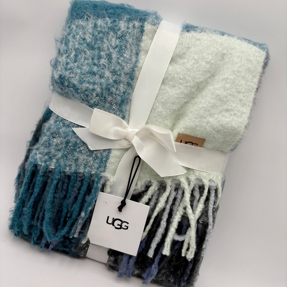 UGG BLAIRE Throw Blanket Cozy Plush Decorative Fringe Imperial Teal Blue Accent - Picture 1 of 7